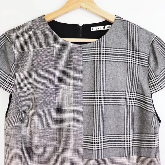 NWT Alice + Olivia Coley Plaid Dress Contrast Print Short Sleeve Black White 10 - Picture 8 of 9